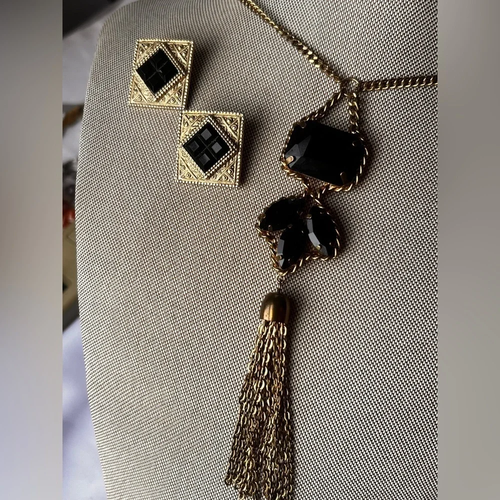 Vintage statement gold and black necklace and earrings set